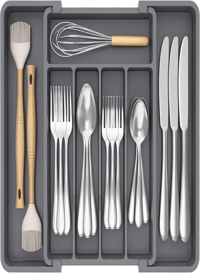 JD FRESH Expandable Slider Drawer Organizer/Kitchen Cutlery Tray/Plastic Storage Tray Kitchen Organization/Adjustable Cutlery & BPA Free Flatware Holder for Spoons, Forks, Knives/Grey (Pack of 1) - Image 1